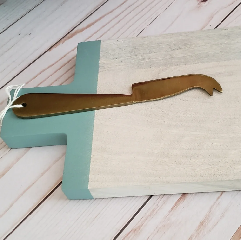Rectangular Wood Serving Board with Knife in White/Light Blue